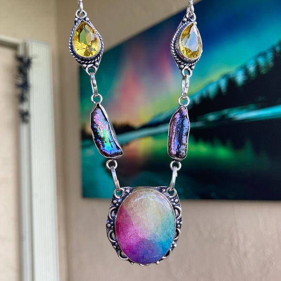 925 sterling silver overlay citrine black pearl Rainbow solar quartz necklace - Picture 5 of 15